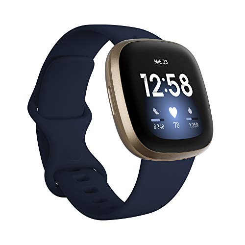 Fitbit Versa 3 - Smartwatch de salud y forma física con GPS integrado, análisis continuo de la frecuencia cardiaca, Alexa integrada y batería de +6 días, Azul Medianoche/Dorado