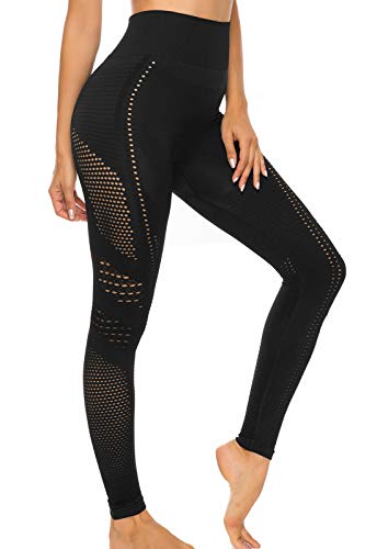 FITTOO Leggings Sin Costuras Corte de Malla Mujer Pantalon Deportivo Alta Cintura Yoga Elásticos Fitness Seamless #1 Negro S