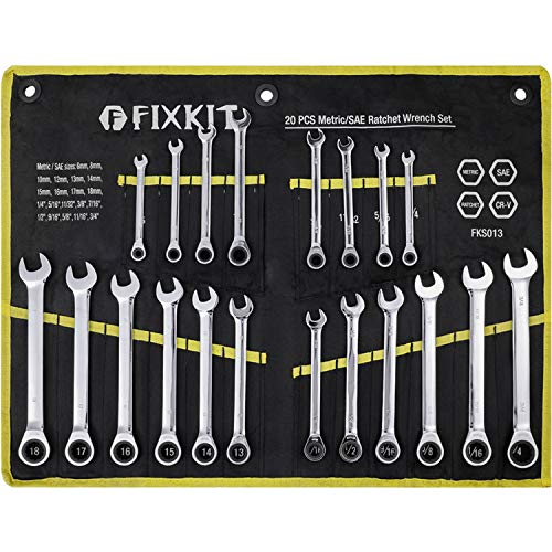 FIXKIT Juego de Llaves con Carraca Combinadas 20 uds, 6-18 mm y 1/4 '' - 3/4 ', Kit de llaves Trinquete Inglesas Estándar SAE, de Acero CrV, con Bolsa de Lona Portátil