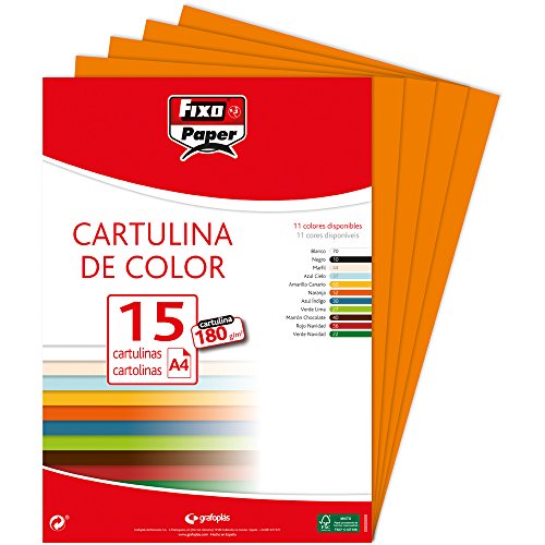 Fixo Paper 11110652 - Pack de 15, papel cartulina color naranja, tamaño A4, 180g/m²