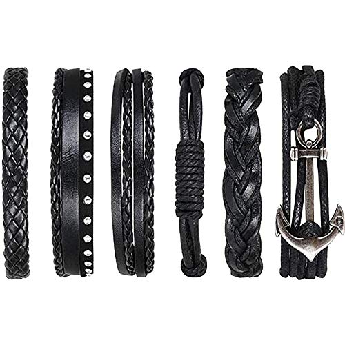 flintronic® Pulsera Hombre, 6 Piezas Personalidad Retro Tejida Pulsera de Traje de Cuero Multicapa, Pulseras Retro, Moda Pulsera de Cuero Brazalete Trenzado Roccia Punk, Ajustable (#3 Serie)