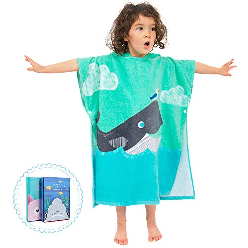 Florica Niño Poncho de Algodón con Capucha Toalla de baño Abrigo Albornoz Desgaste de Nadada o de Playa Suave Secado Rápido Dibujos Animados para Niñas Niños (Ballena, 60_x_60_cm)