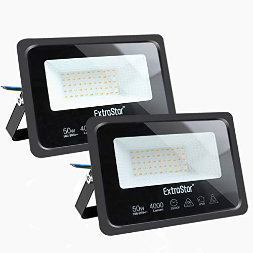 Focos LED exterior 50W Extrastar Potente Luces Led Exterior IP65, Luz de Seguridad Blanca Cálida 3000K para Terraza, Jardín, Patio, Parque, Garaje [Clase de eficiencia energética A+]2 paquetes