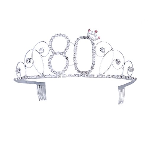 Frcolor Corona Cumpleaños 80 Años Diadema Cumpleaños Mujer Tiara Cristal con Peines (Plata)