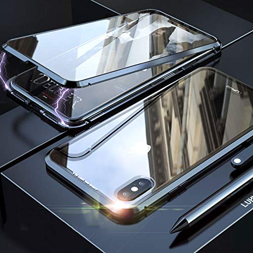 Funda iPhone X/XS, Absorción Magnética Carcasa[Marco de Metal] [Front and Back Tempered Glass] 360 Grados Slim Fit Ultra Carcasa de Peso Ligero, para iPhone X/XS Cover Case - Negro