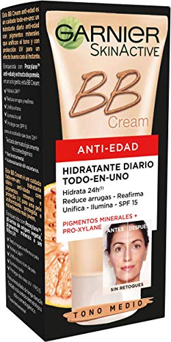 Garnier Skin Active BB Cream Anti edad Crema Hidratante con Color con Protección Solar SPF 15, Hidrata, Reduce Arrugas, Unifica e Ilumina Color Tono Medio - 50 ml