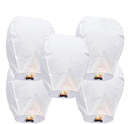GCOA 5 Pack Linternas de Papel Farolillo celestiales Chinas - Linterna de Papel Resistente al Fuego, 100% Biodegradable, respetuosa con el Medio Ambiente y ecológica para su Lanzamiento en Sky,Blanco
