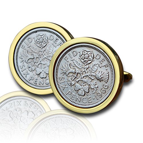 Gemelos de monedas de seis peniques de oro pulido genuino de 1966, estilo vintage, regalo de 55 aniversario de cumpleaños, en caja de regalo