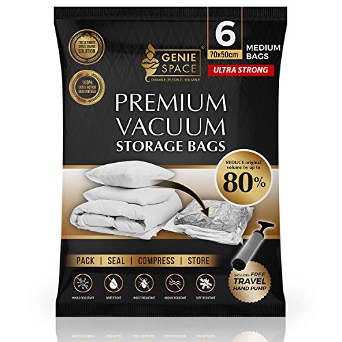 GENIE SPACE - Bolsas de Vacío Premium Increíblemente Fuertes Ahorro de Espacio | 6 x Mediana - 70x50cm | Herméticas y Reutilizables | 80% más Espacio | Ropa, Toallas, Ropa de Cama, Edredones y más GENIE SPACE - Bolsas de Vacío Premium Increíblemente Fuertes Ahorro de Espacio | 6 x Mediana - 70x50cm | Herméticas y Reutilizables | 80% más Espacio | Ropa, Toallas, Ropa de Cama, Edredones y más