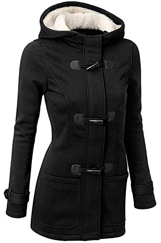 GHYUGR Abrigos con Horn Botones Mujer Invierno Elegantes Slim Chaqueta con Capucha Lana Capa Jacket Sudadera Pullover Outwear Parka,Negro,L