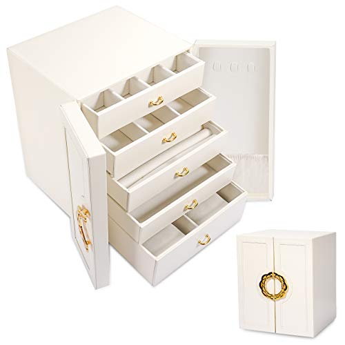 Gifort Caja Joyero, Caja de Joyas Grande Estuche Organizador de Joyas Doble Puerta con 5 Cajones para Anillos Pendientes Relojes, Regalo para Niñas Mujeres