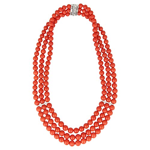 Gioiello Italiano - Collar en Torre del Greco coral rojo, 18 kt de oro blanco y diamantes, para mujeres, longitud 43cm Gioiello Italiano - Collar en Torre del Greco coral rojo, 18 kt de oro blanco y diamantes, para mujeres, longitud 43cm