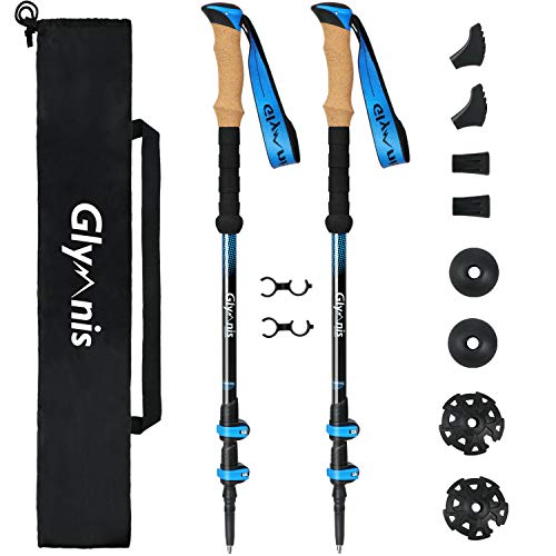 Glymnis Bastones de trekking 3 secciones Longitud ajustable 65-135 cm de aluminio 7075 con sistema de bloqueo rápido y mango de corcho Perfecto para excursiones Glymnis Bastones de trekking 3 secciones Longitud ajustable 65-135 cm de aluminio 7075 con sistema de bloqueo rápido y mango de corcho Perfecto para excursiones
