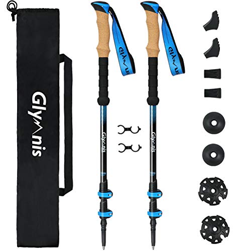 Glymnis Bastones de trekking 3 secciones Longitud ajustable 65-135 cm de aluminio 7075 con sistema de bloqueo rápido y mango de corcho Perfecto para excursiones