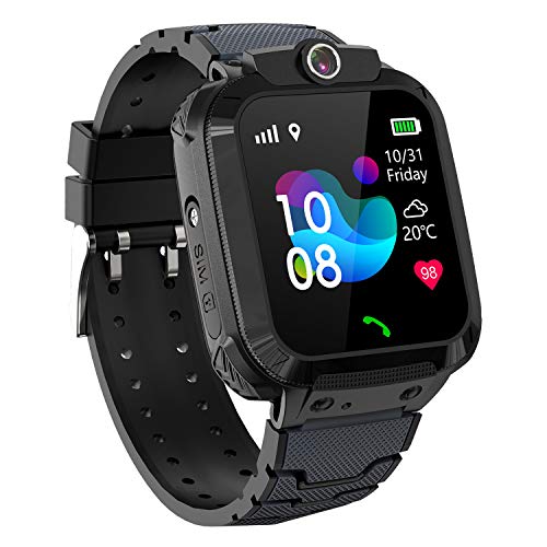 GPS Niños Impermeable Smartwatch, Reloj Inteligente Smart Watch Telefono con GPS Rastreador Conversación Bidireccional Llamada por Voz Chat SOS Cámara Despertador Juego para Niños Niña 3-12 Años,Negro