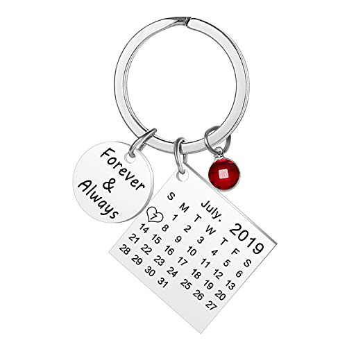 Grabado Personalizado Personalizado Calendario Fecha y Mensaje Llavero con Piedra de Nacimiento de Acero Inoxidable Llavero y Llavero Aniversario Regalo conmemorativo (Plata)