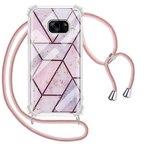 Greneric Funda con Cuerda para Samsung Galaxy S7 Edge, Carcasa Mármol Brillante Ultrafina Rígida PC con Correa Colgante Ajustable Collar Correa de Cuello Cadena Cordón, Oro Rosa