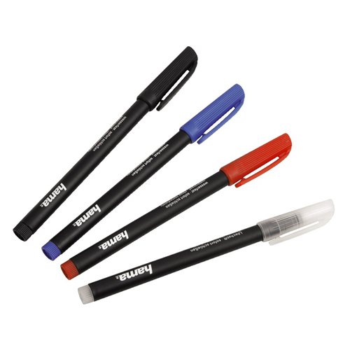 Hama 051197 - Pack de 3 rotuladores + Borrador, Color Negro/Azul/Rojo