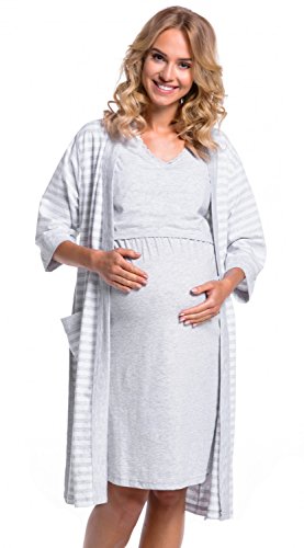 HAPPY MAMA Para Mujer Set Camisón Bata de Rayas Premamá Embarazo Lactancia. 190p (Mezcla De Grises, 44-46, 2XL)