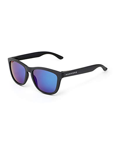 HAWKERS Gafas de Sol ONE Carbono, para Hombre y Mujer, con Montura Negra Mate con Trama y Lente Azul Efecto Espejo, Protección UV400