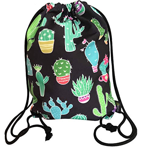 HECKBO - Bolsa de deporte para mujeres y niñas, de algodón (negro) – ambos lados con motivos de cactus impreso – para la vida cotidiana, viaje y deporte, festivales, fiestas, gimnasio