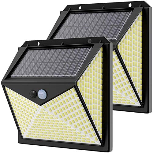 Hepside Luz Solar Exterior 350 Led, [3 Modes/2 Pack]Focos LED Exterior Solares Luz Solar Exterior con Sensor de Movimiento, Luces de Seguridad Inalámbricas a Prueba de Agua para Garaje Jardín Camino