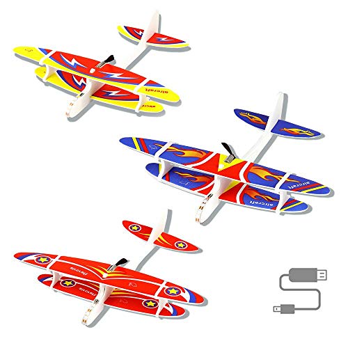 Herefun 3Pcs Avión Planeador Glider Avion Planeadores de Juguete, Planeadores de Espuma, Rellenos de Bolsas de Fiesta, Regalos (Carga USB)