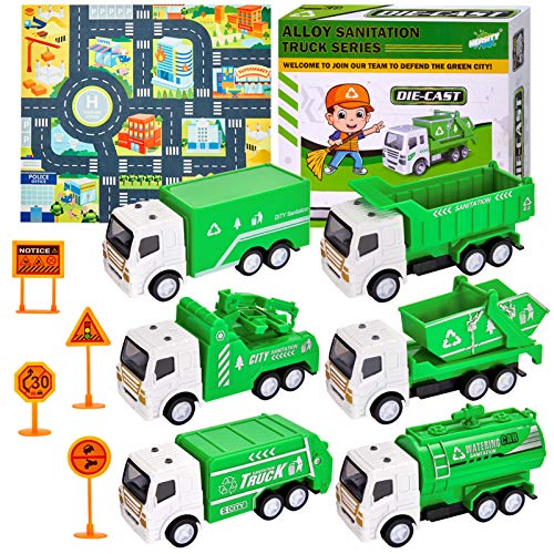 HERSITY 6 Piezas Camion Basura de Juguete Coches Pequeños Metalicos Juguete con Tapete de Juego y Señales de Tráfico Regalos para Niños 3 4 5 Años