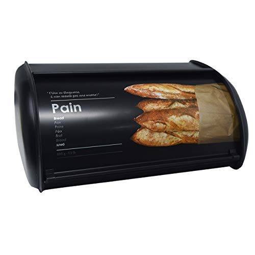 Hogar y Mas Panera de Metal, Caja para Guardar el Pan, Tapa Deslizante, con Dibujo de Pan, Negro Mate, 14,5x34x23cm Hogar y Mas Panera de Metal, Caja para Guardar el Pan, Tapa Deslizante, con Dibujo de Pan, Negro Mate, 14,5x34x23cm