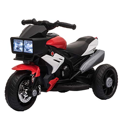 HOMCOM Moto Eléctrica Infantil con 3 Ruedas para +3 Años Triciclo con Pedal para Niños Batería 6V con Luces Música Neumáticos Anchos Velocidad Máxima de 3 km/h 86x42x52 cm Rojo