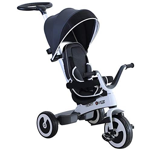 HOMCOM Triciclo Bebé Plegable 4 en 1 Trolley Trike Bicicletas para Niños +18 Mes Evolutivo Capota Barra Desmontable Control Parental Juguete Aprendizaje