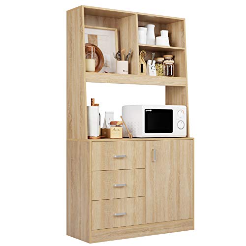 Homfa Aparador Buffet Armario Almacenaje Alto Mueble Auxiliar Cocina para Salón con Estante de Almacenaje de 2 Niveles 1 Puerta 3 Cajones Roble 100x38x171cm