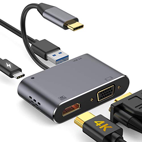 Hub USB C a VGA HDMI Adaptador, 4 en 1 Tipo C a 4K HDMI + 1080P VGA Adaptador con 87W PD, Puerto USB 3.0 para MacBook Pro/iPad Pro 2018/Nintendo Switch/Galaxy Note 9 / S9 / Huawei P20 (Gris)
