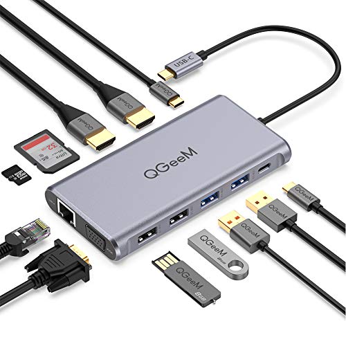 Hub USB C, QGeeM 12 en 1 Triple Display Hub, estación de Acoplamiento USB C con 4K Dual HDMI, 1080P VGA, 100 W PD, Ethernet, USB C a USB 3.0, Lector de Tarjetas.