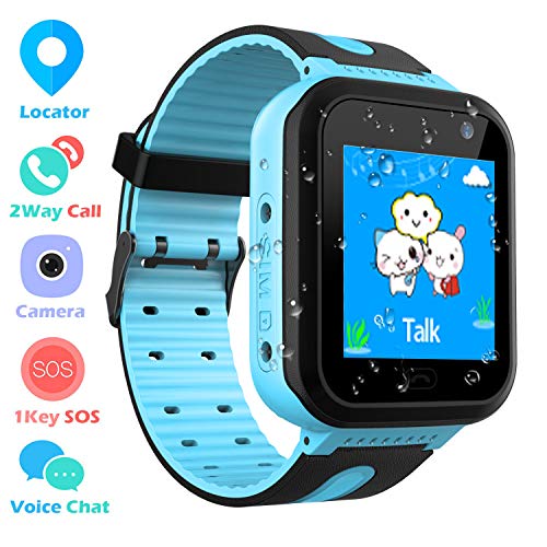 Impermeable Smartwatch para Niños, Reloj inteligente Phone con LBS Tracker SOS Chat de voz Cámara Despertador Podómetro Juego Cálculo para Regalos Estudiantes Compatible con iOS Android, Azul