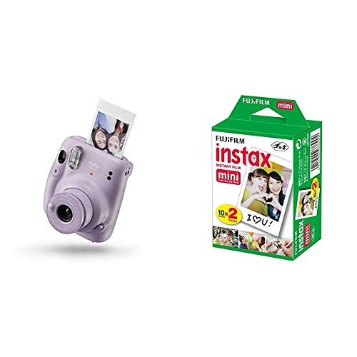 Instax Mini 11 - Cámara instantánea, Lilac Purple, Compacto + Fujifilm Instax Mini Brillo - Pack de 40 Películas Fotográficas Instantáneas (40 Hojas), Color Blanco