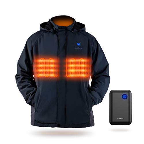 IUREK Chaqueta Calefactable Hombre ZD961, Chaqueta Deportiva Térmica Impermeable con Capucha, Abrigo de Calefacción de 3 Zonas con Powerbank 10000 mAh, 3 Temperaturas para Invierno Outdoor