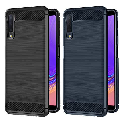 ivoler [2 Unidades] Funda Compatible con Samsung Galaxy A7 2018, Diseño de Fibra de Carbon Ultra Fina TPU Silicona Carcasa Fundas Protectora con Shock- Absorción (Negro+Azul)