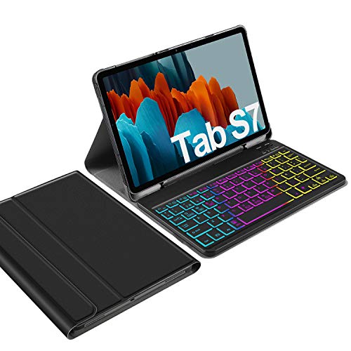 IVSO Backlit Español Ñ Teclado para Samsung Galaxy Tab S7, para Samsung Galaxy Tab S7 11.0 Teclado, 7 Colores Retroiluminado Wireless Teclado con Ñ para Samsung Galaxy Tab S7 T870/875 11 2020, Negro