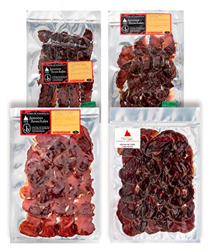 Jamones Bronchales - Lote de 4 Cecinas de Ciervo, Jabalí, Toro y Ternera Elaboradas Artesanalmente y Curación Natural - 100gr aprox cada una - Curación mínima 5 Meses Jamones Bronchales - Lote de 4 Cecinas de Ciervo, Jabalí, Toro y Ternera Elaboradas Artesanalmente y Curación Natural - 100gr aprox cada una - Curación mínima 5 Meses