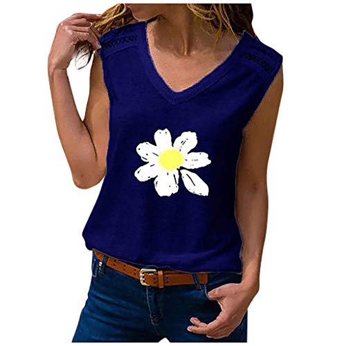 Janly Clearance Sale Camiseta sin mangas para mujer, cuello en V, sin mangas, estampado de margarita, para verano (azul/L)