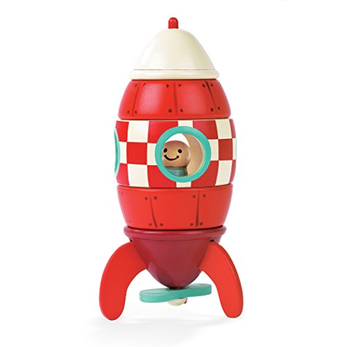 Janod - J05207 - Cohete para montar con 5 piezas magnéticas de madera, color rojo, 16 cm, juego de construcción a partir de 2 años