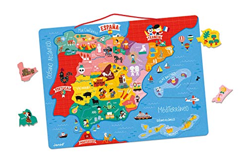 Janod - Puzzle magnético Mapa de España en madera, 50 piezas magnéticas, 40 x 30 cm, Juego educativo a partir de 5 años, J05478