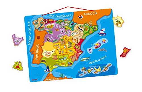 Janod - Puzzle magnético Mapa de España en madera, 50 piezas magnéticas, 40 x 30 cm, Juego educativo a partir de 5 años, J05527