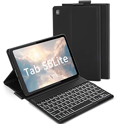 Jelly Comb Funda con Teclado Español Ñ para Samsung Galaxy Tab S6 Lite 10.4" 2020, 7 Colores Retroiluminado Teclado Bluetooth Desmontable para Samsung SM-P610/P615, Negro