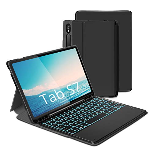 Jelly Comb Funda con Teclado Español Ñ para Samsung Tab S7 11 '' Funda Protectora para Tableta Samsung (SM-T870 / 875), Teclado Bluetooth Extraíble con Retroiluminación de Siete Colores QWERTY, Negro