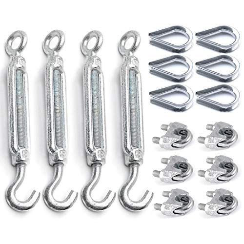 Jestool Tensor Tension, 16 piezas Galvanizado Tensor de Alambre Set Heavy Duty incluir 4 Tensor Gancho y Ojo, 6 Bucle de Engaste de Aluminio, 6 Sillín Abrazadera Clip