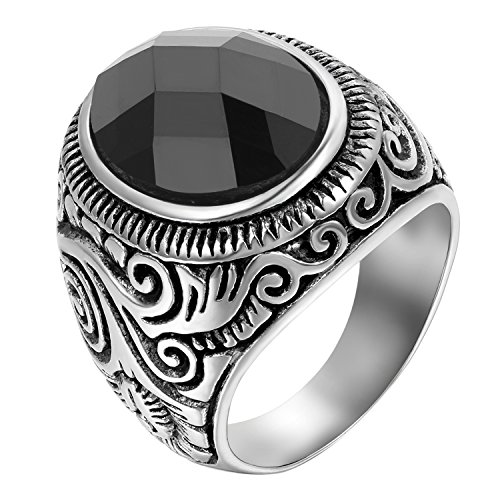 JewelryWe Anillo para Hombre, Clásicos Charm Talla Retro, Acero Inoxidable (Negro, 9)