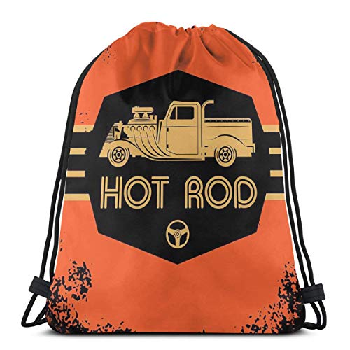 Jiger Drawstring Tote Bag Gym Bags Storage Backpack, Hot Rod Grunge Poster Design with Custom Truck Americana Vintage Engine,Very Strong Premium Quality Gym Bag for Adults & Children
