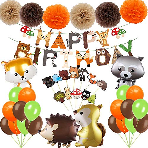 Jimiston Juego de decoración de Fiesta de Animales del Bosque de 41 Piezas: Pancarta de Feliz cumpleaños, Globos de Criaturas del Bosque, Pompones de Papel y Adornos de Cupcake para cumpleaños